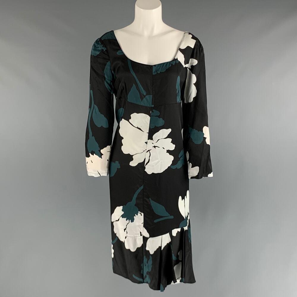 MARNI Size 6 Black Green Viscose Abstract floral 3/4 Sleeves Dress